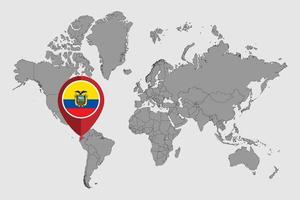 mappa pin con bandiera ecuador sulla mappa del mondo. illustrazione vettoriale. vettore