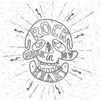 roccia musica nel mio cuore. mano disegnato lettering design con cranio. vettore