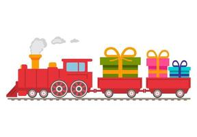 Natale rosso vapore locomotiva con carrozze con regali.inverno vacanza regali.vettore piatto illustrazione. .retrò treno consegna ferrovia presente.isolato su bianca sfondo. vettore