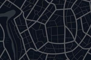 aereo pulito superiore Visualizza di il notte tempo città carta geografica con strada e fiume, vuoto urbano immaginazione carta geografica, GPS carta geografica navigatore concetto, vettore illustrazione