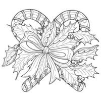 Natale caramella canna nel il forma di un' cuore con un' arco e agrifoglio frutti di bosco, disegnato a mano, evidenziato su un' bianca sfondo vettore