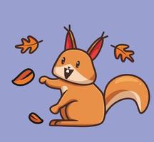 carino scoiattolo giocando foglia. cartone animato animale autunno stagione concetto isolato illustrazione. piatto stile adatto per etichetta icona design premio logo vettore. portafortuna personaggio vettore