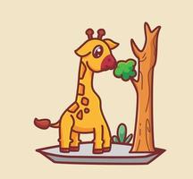 carino giraffa mangiare foglia. cartone animato animale cibo concetto isolato illustrazione. piatto stile adatto per etichetta icona design premio logo vettore. portafortuna personaggio vettore