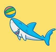 carino squalo giocando colorato sfera. cartone animato animale viaggio vacanza vacanza estate concetto isolato illustrazione. piatto stile adatto per etichetta icona design premio logo vettore. portafortuna personaggio vettore
