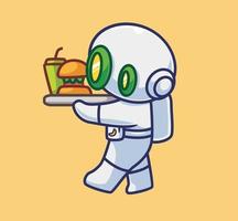 carino astronauta robot mangiare hamburger. isolato cartone animato cibo illustrazione. piatto stile adatto per etichetta icona design premio logo vettore. portafortuna personaggio vettore