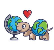 carino tartaruga autunno nel amore con globo terra. animale cartone animato isolato piatto stile etichetta ragnatela design icona illustrazione premio vettore logo portafortuna personaggio