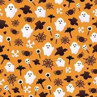colorato fantasma modello per Halloween con pipistrelli e ragni, caramelle su arancia sfondo, ornato per involucro carta o sfondo, nero vacanza simboli, spaventoso design vettore