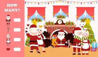 Natale enigma per bambini con Santa Claus e Sig.ra Claus danza e baci , stampabile foglio di lavoro per bambini nel cartone animato stile, Come molti gioco vettore