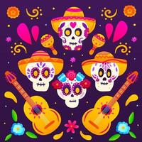 colorato dia de los muerto saluto carta, piazza composizione con zucchero teschi, fiore elementi, sombreros e musicale strumenti, contento giorno di morto, messicano Festival celebrazione vettore