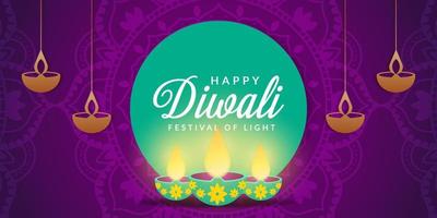 felice diwali in sfondo viola e con rangoli illuminare vettore