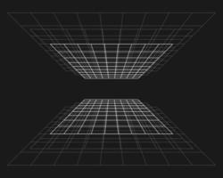 cyber grid, tunnel rettangolare in prospettiva retrò punk. geometria del tunnel della griglia su sfondo nero. illustrazione vettoriale.