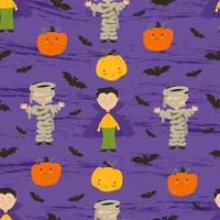 fantasmi di Halloween. bambini in costumi di halloween, zucche e pipistrelli. illustrazione piatta. modello senza cuciture di vettore. vettore