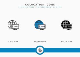 collocazione icone impostato vettore illustrazione con solido icona linea stile. dati sistema server concetto. modificabile ictus icona su isolato sfondo per ragnatela disegno, utente interfaccia, e mobile applicazione