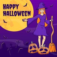benvenuto bandiera Halloween, carino strega cartone animato illustrazione vettore