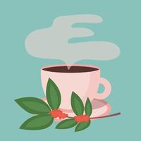 tazza di caffè di vettore con l'illustrazione piana della pianta del chicco di caffè e del fumo. stampa vettoriale tazza di caffè piatta