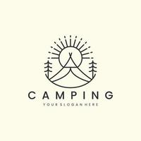campeggio con linea arte stile logo vettore illustrazione. tenda, sole, albero avventura icona modello design