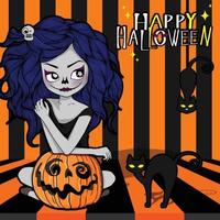 Halloween strega con lavorato zucca e nero gatto. cartone animato femmina per Halloween Festival allarmante. vettore