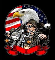 motociclista con aquila e americano bandiera vettore