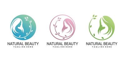 naturale bellezza logo con foglia e donna silhouette concetto premio vettore