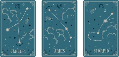 cancro Ariete e scorpione zodiaco simboli circondare nuvole, stelle, lusso, esoterico, e boho stili. in forma per paranormale, tarocco lettori, e astrologi vettore