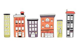 un' impostato di vettore carino colorato case, un' in stile scarabocchio città su un' bianca sfondo, un' figli di illustrazione per cartoline, manifesti, giocattoli.