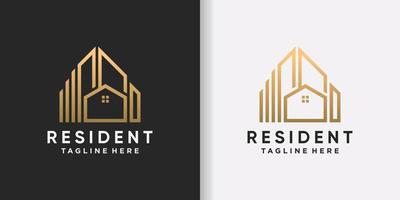 creativo residente logo design modello con linea arte stile e d'oro colore premio vettore