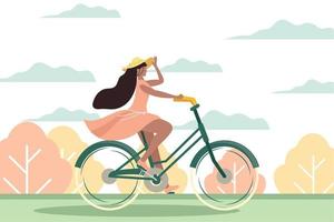 donna equitazione bicicletta nel paesaggio vettore