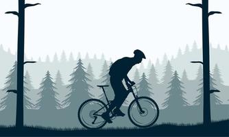 uomo equitazione bicicletta nel foresta vettore