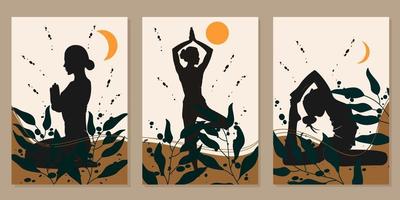 impostato di silhouette parete impiccagioni di donne in posa yoga e astratto le foglie. naturale sfondo vettore