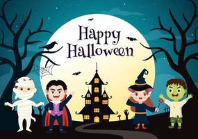 contento Halloween modello sfondo mano disegnato cartone animato piatto illustrazione con bambini indossare vario costumi, frequentato Casa, zucche, pipistrelli e pieno Luna vettore