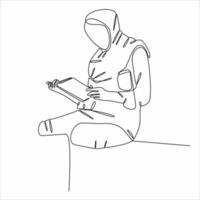 continuo linea disegno hijab donna lettura un' libro vettore