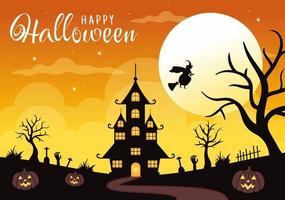 contento Halloween modello sfondo mano disegnato cartone animato piatto illustrazione con zucche, pipistrelli e buio castello su pieno Luna per Inserisci il tuo design stile vettore