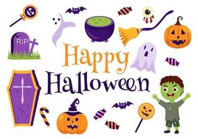contento Halloween modello sfondo mano disegnato cartone animato piatto illustrazione con bambini indossare vario costumi, frequentato Casa, zucche, pipistrelli e pieno Luna vettore