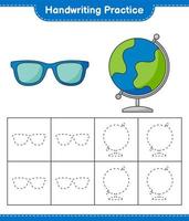 grafia la pratica. tracciato Linee di occhiali da sole e globo. educativo bambini gioco, stampabile foglio di lavoro, vettore illustrazione