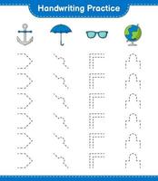 grafia la pratica. tracciato Linee di globo, occhiali da sole, ombrello, e ancora. educativo bambini gioco, stampabile foglio di lavoro, vettore illustrazione