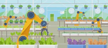 serra con agricoltura automatizzato robot Lavorando piatto vettore orizzontale sfondo. inteligente agricoltura.