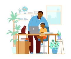 afro americano papà o precettore insegnamento figlio a casa. homeschooling concetto. Lavorando posto interno. piatto vettore illustrazione.