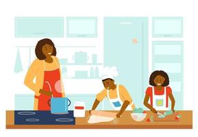 afro americano famiglia cucinando insieme nel cucina. madre con figlia e figlio fabbricazione cena. fabbricazione la minestra, insalata e Pizza. ragazzo fa Impasto, ragazza tagli verdure. piatto vettore illustrazione.