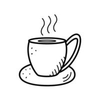 una tazza con un piattino di caffè o un'icona di tè caldo, illustrazione vettoriale di un doodle. bevanda riscaldante di concetto.