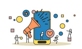 persone e mobile marketing. un' uomo e un' donna con un' altoparlante siamo in piedi vicino un' mobile Telefono. in linea Prodotto promozione concetto vettore illustrazione