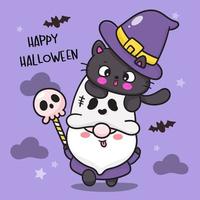 Halloween gnomo e strega gatto kawaii cartone animato vettore