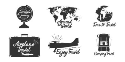viaggio lettering etichetta vettore avventura design. vacanza turismo emblema calligrafia distintivo. crociera Vintage ▾ giro aereo nero silhouette viaggio