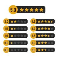 nero e giallo stella valutazione design oro icone impostare. revisione il qualità migliore rango di cinque. successo simbolo vettore illustrazione