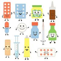 divertente medicina pillole personaggio impostare. umorismo medico emoticon pillole collezione. cartone animato opera emoji personaggio Salute cura farmacia. contento viso pillole portafortuna icona tavoletta. isolato ospedale concetto simbolo vettore