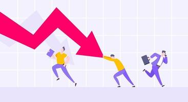 riduzione dei costi e concetto di fallimento aziendale. i giovani adulti hanno spinto l'illustrazione rossa del vettore di flessione della freccia di crisi.