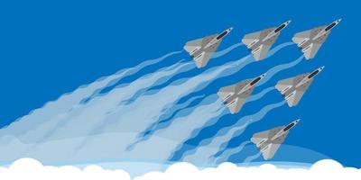 militare combattente Jet con cielo Fumo pista sfondo illustrazione vettore. aria mostrare aereo volare acrobatico prestazione. velocità esercito squadra dimostrazione abilità vigore design vettore