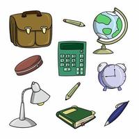un' impostato di colorato icone, scuola elementi e Accessori, un' pelle valigetta, un' tavolo lampada, penne e matite, un' vettore illustrazione nel cartone animato stile su un' bianca sfondo