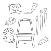 monocromatico impostato di icone, utensili per visivo creatività, tubi di vernici, spazzola e cavalletto, vettore nel cartone animato stile
