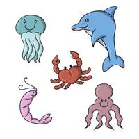 un' impostato di colorato icone, carino mare personaggi, blu delfino, granchio, gamberetto e Medusa, vettore illustrazione nel cartone animato stile su un' bianca sfondo