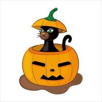 un' nero gatto si siede nel un' zucca. Halloween carta. vettore illustrazione su bianca sfondo.